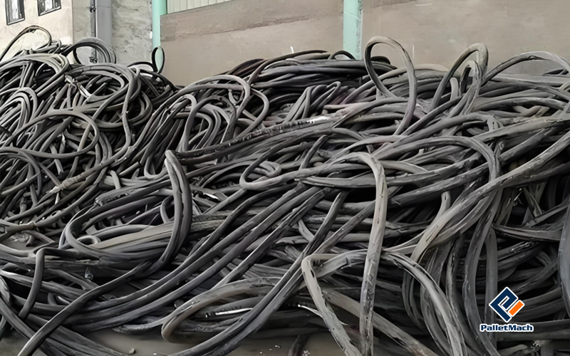Fardos de cubierta de cable pelada, PVC y XLPE, entregados en una planta de reciclaje en Japón antes del prensado